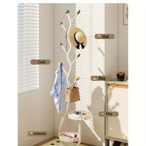 Freestanding Multipurpose Valet Stand with Dual-Tier Tray Storage, Creative S-Shaped Design - Modern Light Luxury Indoor Clothes Rack, Hat and Coat Hanger with Rounded Laurel Branch Hooks